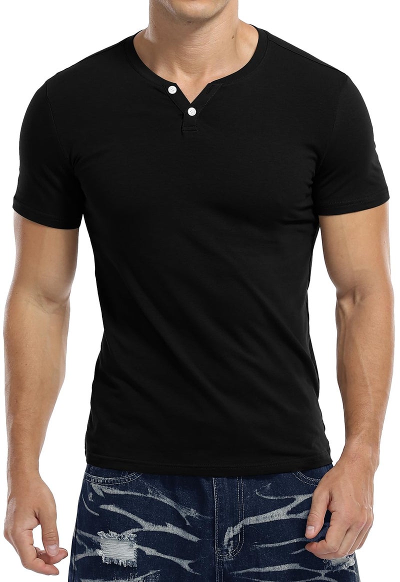 KUYIGO Men's Casual Slim Fit Short Sleeve Henley Tops V Neck Fashion T-Shirts Cotton Shirts Black Small - Image 4